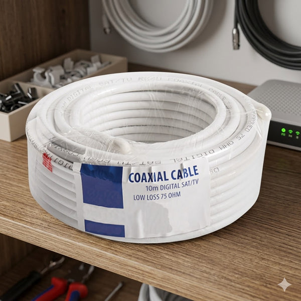 10 m RG6 Low Loss Coax Cable packaged on a shelf for superior signal quality in TV and satellite installations.