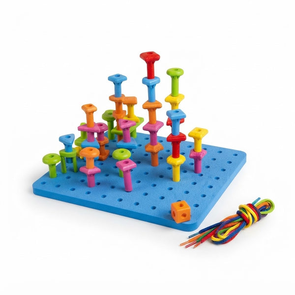 DIY Geometric Peg Board Set with colorful pegs and a blue peg board for creating patterns and designs.