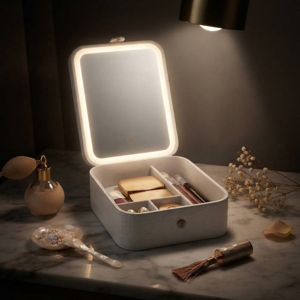 Portable Cosmetic Organizer with LED Mirror showcasing makeup and skincare items in an elegant setting.