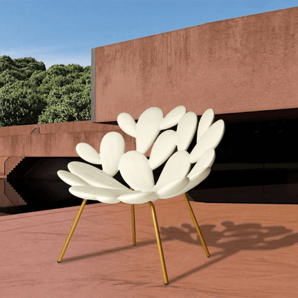 Urban Ease Contour Lounge Chair in a unique flower design, set against a modern architecture backdrop.