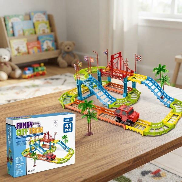 Funny City Track 41-Piece Flexible Track Playset with colorful track pieces and red toy car on display.