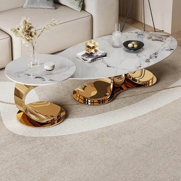 Urban Crest Cora Coffee Table with a sleek marble top and gold base in a modern living room setting.