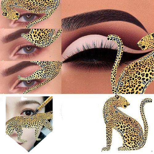 Leopard Eyeliner Makeup Tool Stencil showcased in step-by-step application images for bold eye looks.