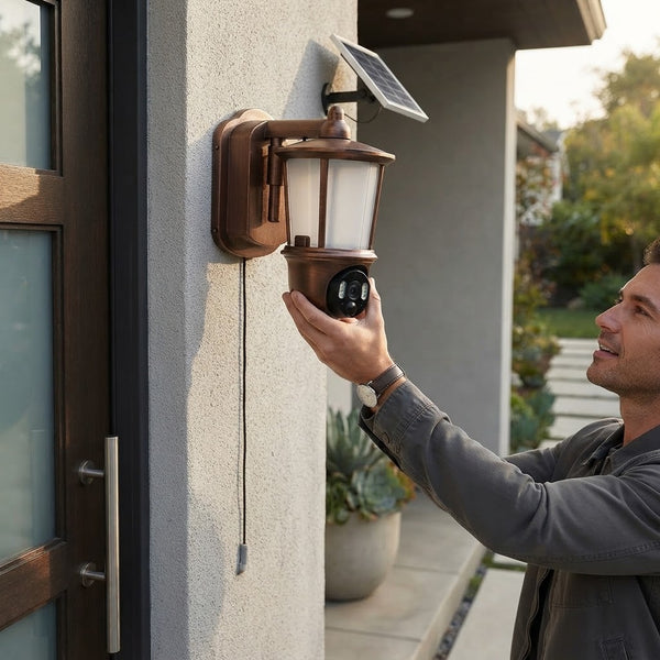 Man installing Solar Wall Light Security Camera Unit on exterior wall, showcasing solar panel and modern design.