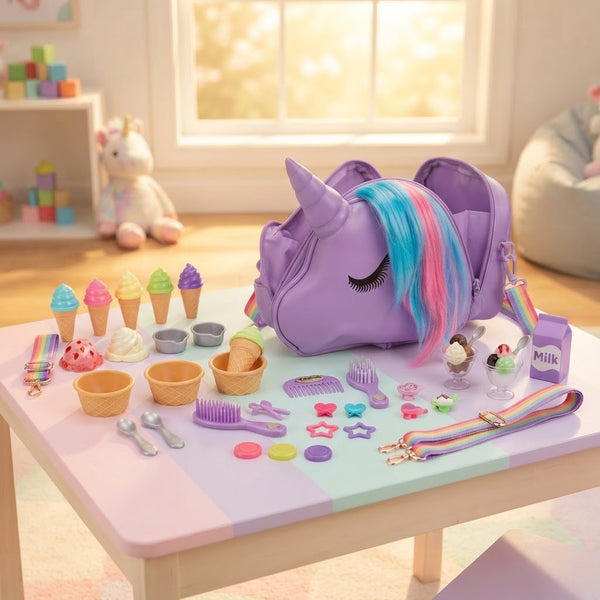 Purple Unicorn Crossbody Bag with colorful pretend play ice cream set on a pastel play table.