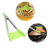 Image of 2 in 1 Clever Tongs in green color, demonstrating cooking and serving functionality in kitchen settings.