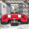 7 Seat Red Corner Patio Lounge Set with bold red cushions in a stylish outdoor setting.