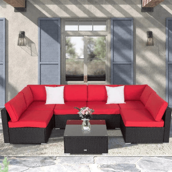 7 Seat Red Corner Patio Lounge Set with bold red cushions in a stylish outdoor setting.