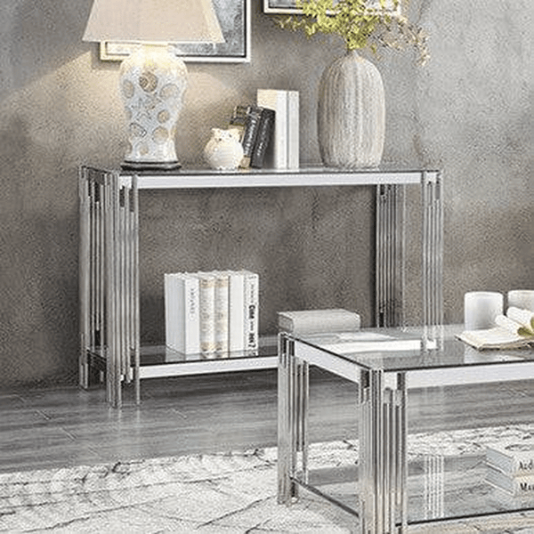 Flora Luxe Console Table with elegant design, stylish lamp, and decorative items in modern home setting