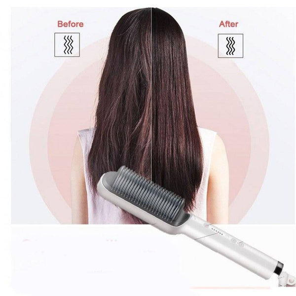 Before and after image showing results of the Professional Hair Straightening Comb on frizzy hair.