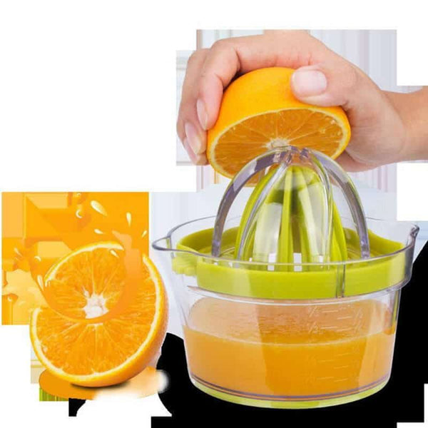 4 in 1 Multi-Function Manual Juicer being used to extract fresh orange juice with a sliced orange beside it.