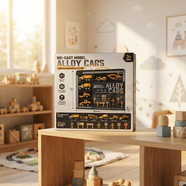 Die-Cast Model Alloy Cars Construction Vehicle Gift Set displayed in a bright playroom with wooden toys.