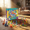 90-Piece Creative Suction Building Set in a vibrant playroom, featuring colorful building pieces scattered around.