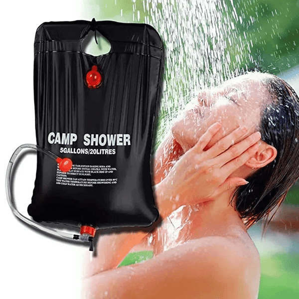 20L Outdoors Portable Water Shower Bag in use, providing solar-powered shower outdoors while camping.