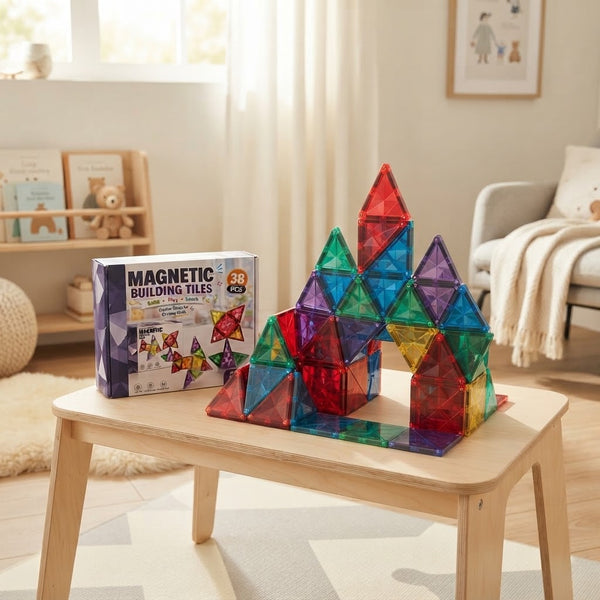 Colorful 3D structure built with a 38-Piece Magnetic Building Tiles Set on a table.