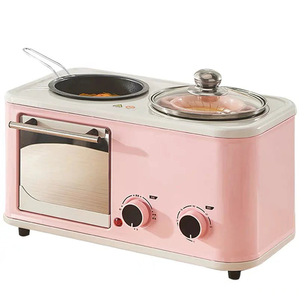 Multifunctional Breakfast Machine in pink color with stovetop and toaster features for quick breakfast preparation.