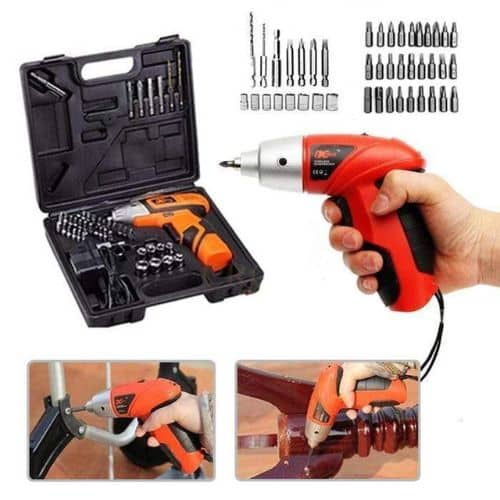45pcs Cordless Rechargeable Screwdriver shown in use with multiple accessories in a toolkit.