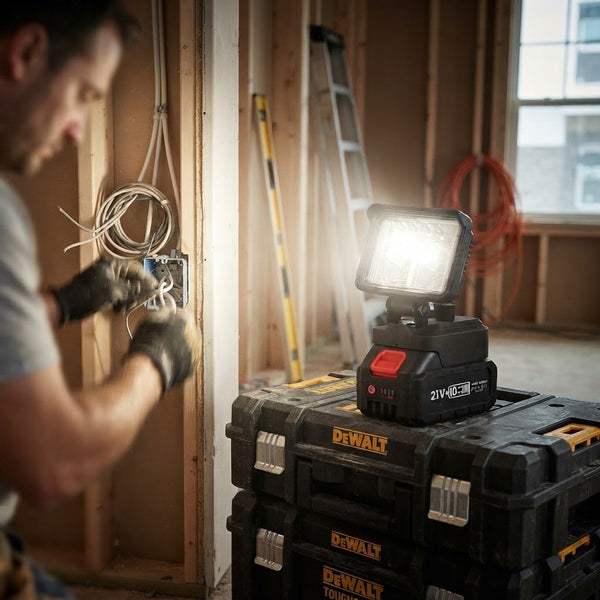 A professional using a 5-Inch Rechargeable LED Work Light for task illumination on a construction site.
