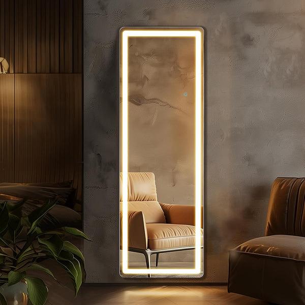 Full Length LED Backlit Wall Mounted Mirror illuminating a stylish living space with modern decor.