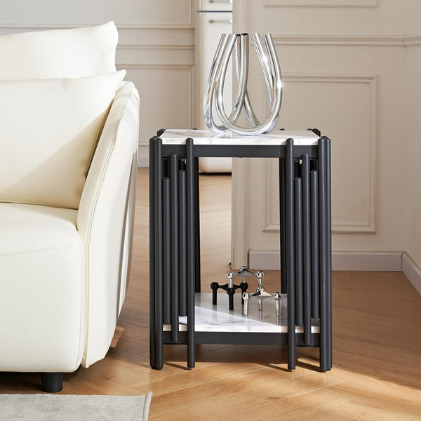 Marble End Table with 2-Tier Open Storage Shelves next to a white couch, featuring modern design and decorative accents.