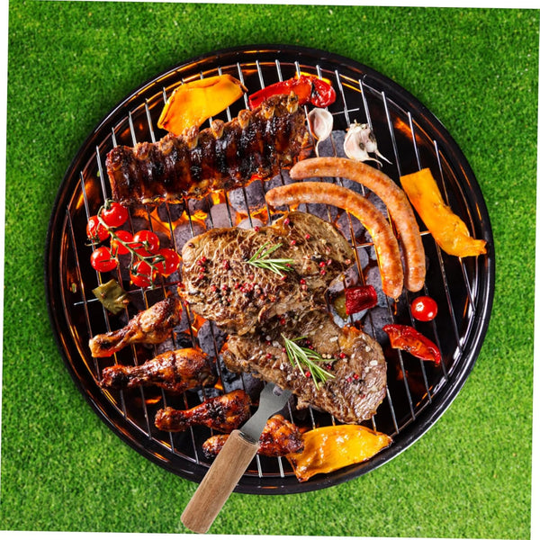 Set of 6 Stainless Steel Fruit Forks with Wooden Handles: Delicious assortment of grilled meats including steak, sausages, and chicken on a barbecue grill.