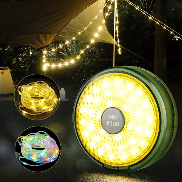 3 Modes Portable Camping String Lights illuminating a campsite, showcasing portable lighting options and flexibility for outdoor adventures.