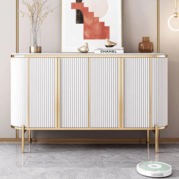 Modern Luxury Sideboard Table featuring a marble-effect top, fluted doors, and gold accents in an elegant living space.