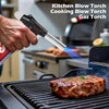 Windproof Portable Cartridge Gas Torch Lighter in use, igniting food on a grill in a kitchen setting.