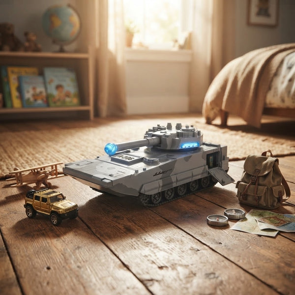A-206 Amphibious Tank Toy displayed in a cozy room setting with a toy jeep and children's books.