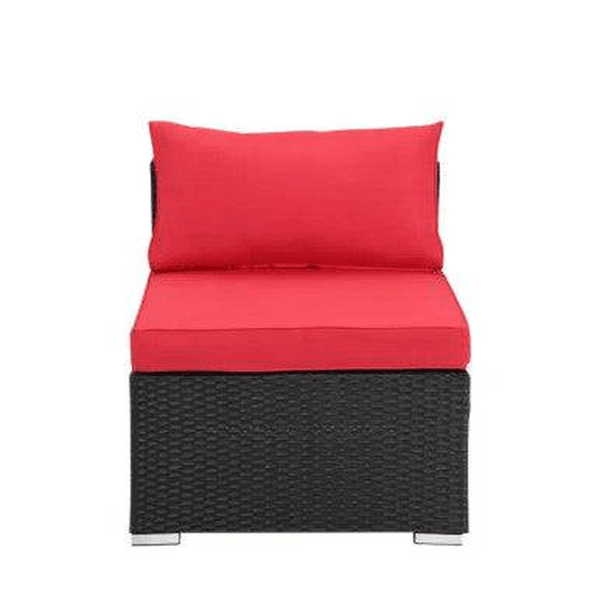 7 Seat Red Corner Patio Lounge Set modular seating with red cushion and black wicker base.