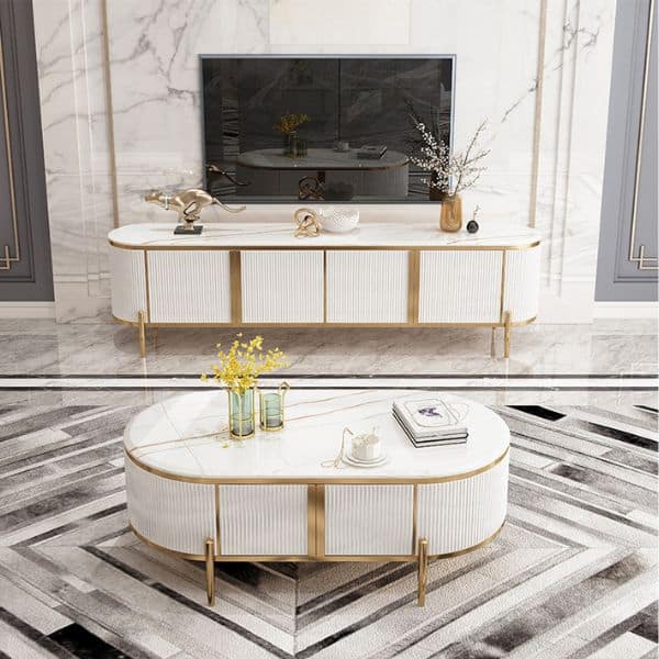 Modern TV Stand and Coffee Table Set featuring elegant design and luxurious finishes in a stylish living room.