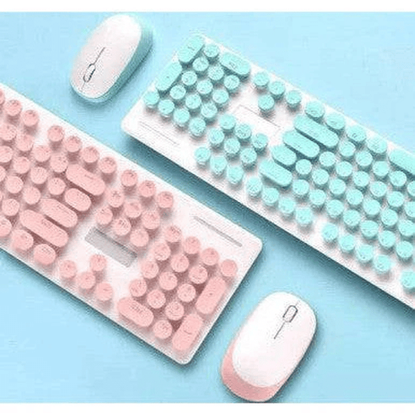 2.4 G Wireless Keyboard & Mouse Set featuring ergonomic retro design in pink and teal colors.