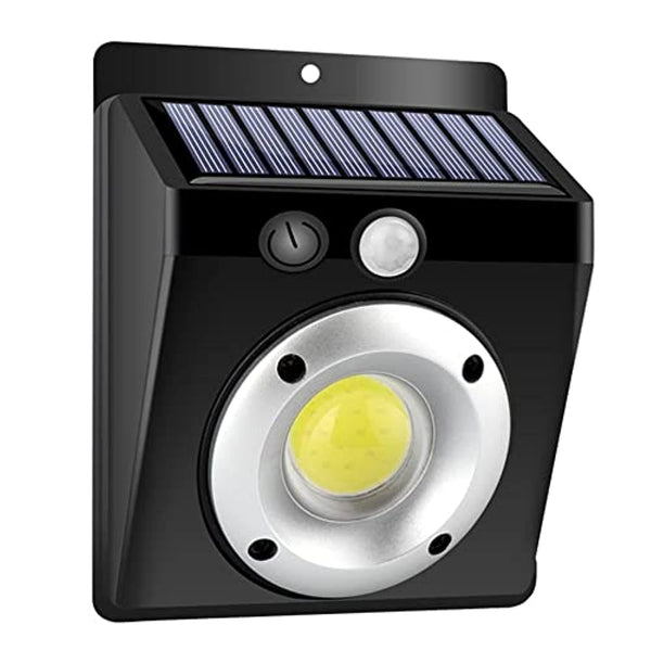 COB Solar Wall Light with solar panel and LED for outdoor lighting on driveways and pathways.