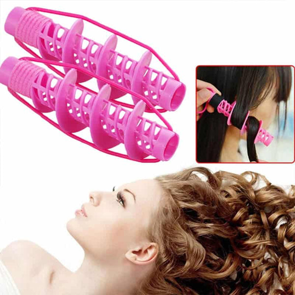 2 pcs DIY Styling Hairdressing Spiral Curler in vibrant pink with curls modeled on a woman's hair for effortless styling.