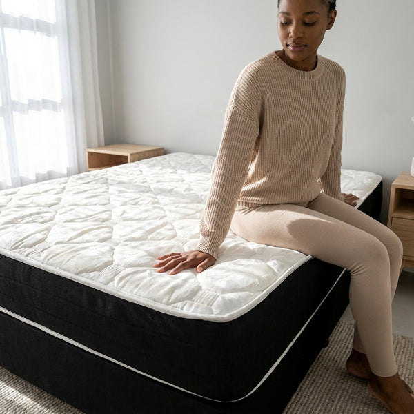 Woman sitting on a 1.8M Medium Firm Support Foam Mattress, showcasing comfort and support in a modern bedroom.