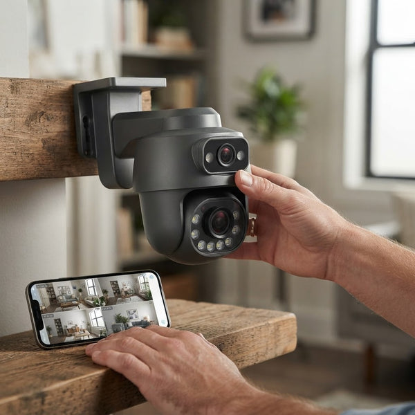 Dual-Lens PTZ Outdoor Security Camera monitoring with a smartphone, showcasing dual optical viewpoints and features.