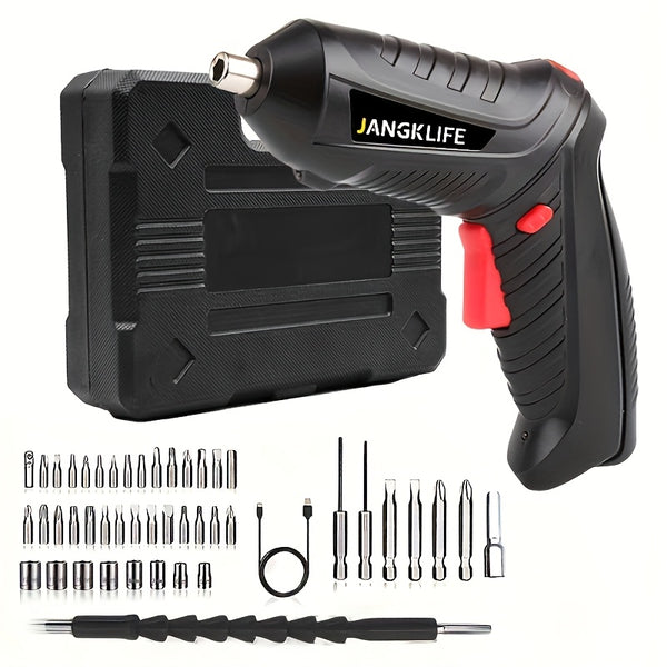 47pcs Compact Electric Screwdriver Kit with various screwdriver bits and a carrying case for easy storage.