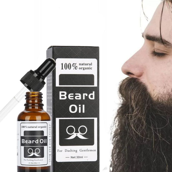 Natural Organic Beard Oil bottle next to a man with a well-groomed beard, highlighting its moisturizing benefits.