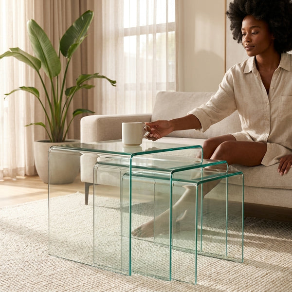 3 Piece Nesting Coffee Table Set displayed in a modern living room with a woman relaxing.