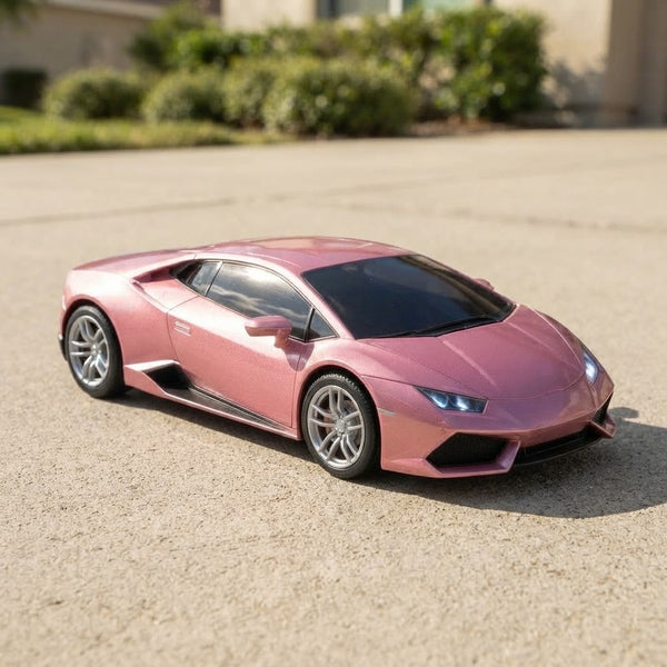 Remote Control Sports Toy Car in pink color parked on a driveway, showcasing its sleek design and realistic details.