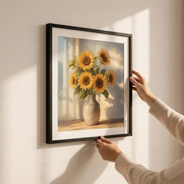 Person hanging 50x50 Sunflower Canvas Wall Art featuring bright sunflowers in a rustic vase.