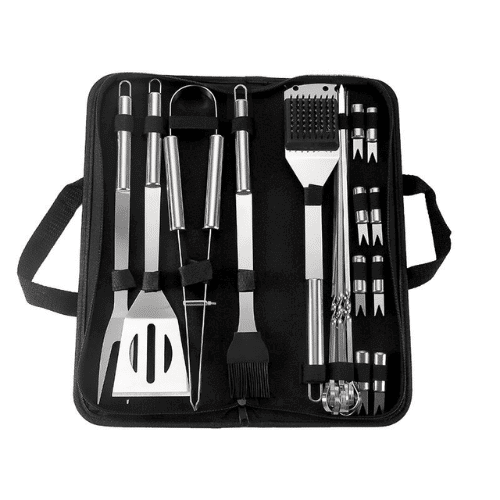 14-Piece Premium Stainless Steel Braai & Grill Tool Set in carrying case with various grilling utensils.