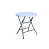 White Outdoor Family Picnic Table, round folding table with a crisp white top and sturdy black legs.