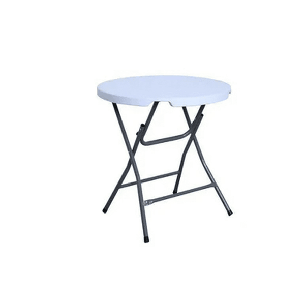 White Outdoor Family Picnic Table, round folding table with a crisp white top and sturdy black legs.