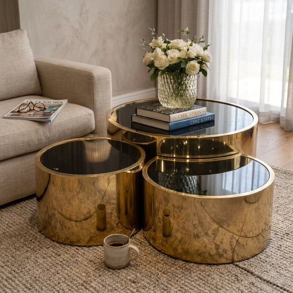 Lucid Gold 3-Piece Nesting Coffee Table Set featuring gold finish and glass tops in a modern living room.