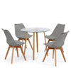 Round Glass 5 Piece Dining Set with Fabric Chairs featuring a round glass table and four fabric chairs.