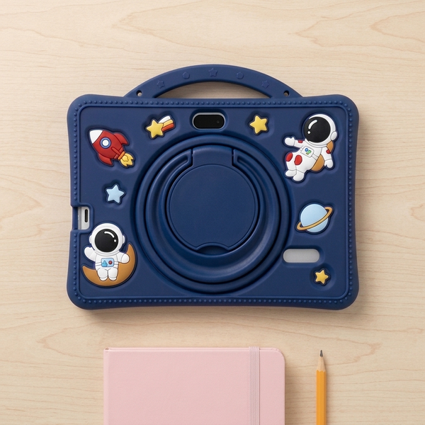 7-Inch Childrens Educational Android Tablet protective case with astronaut and spaceship stickers.