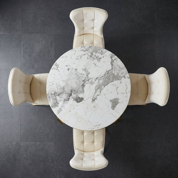 Modern 4-Seater Luxury Round Dining Table Set with marble top and cream upholstered chairs.