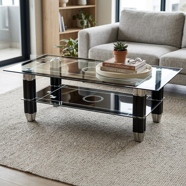 Coffee Table with Glass Top - Black featuring a sleek design, tempered glass top, and modern style in a living room setting.