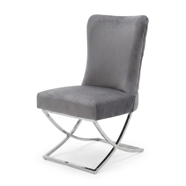 Grey Upholstered Dining Chair with Silver Frame showcasing modern design and comfort.